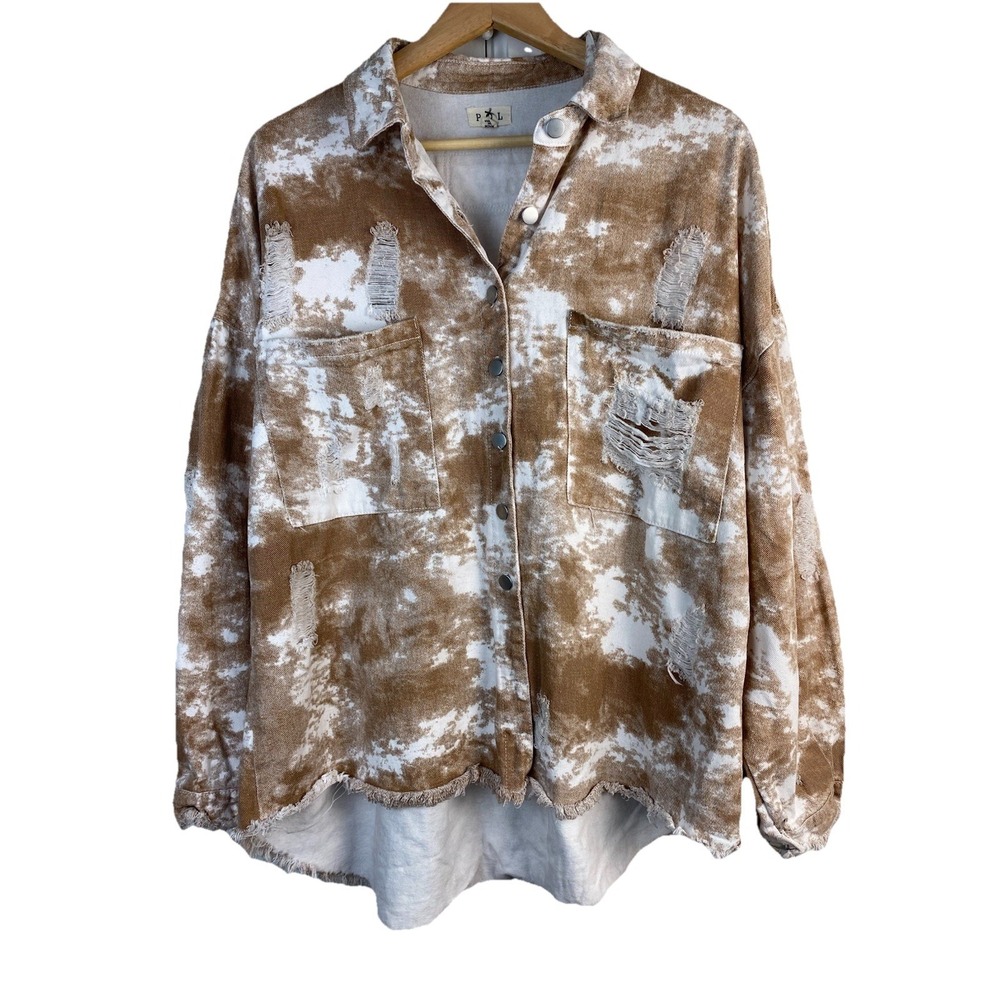 POL Women's M Brown White Destroyed Tie Dye Oversized Shirt Jacket Shacket